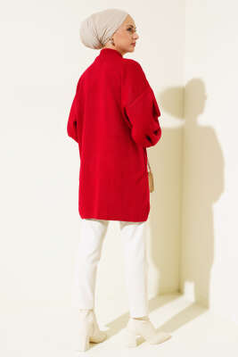 Yaka Fermuarlı Balon Kol Triko Tunik Kırmızı - Thumbnail