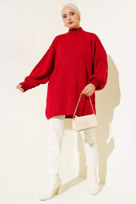 Yaka Fermuarlı Balon Kol Triko Tunik Kırmızı - Thumbnail
