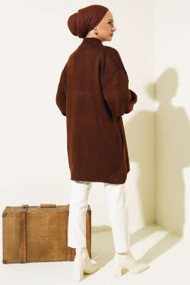 Yaka Fermuarlı Balon Kol Triko Tunik Kahve - Thumbnail