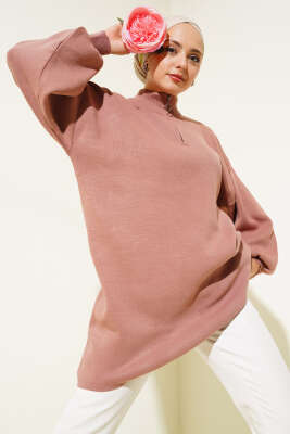 Yaka Fermuarlı Balon Kol Triko Tunik Gül Kurusu - Thumbnail