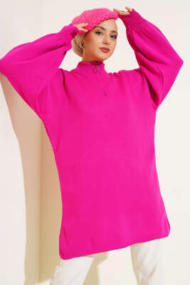 Yaka Fermuarlı Balon Kol Triko Tunik Fuşya - Thumbnail