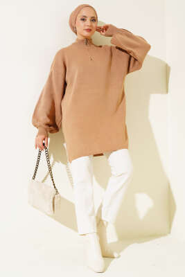 Yaka Fermuarlı Balon Kol Triko Tunik Büsküvi - Thumbnail