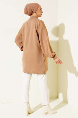 Yaka Fermuarlı Balon Kol Triko Tunik Büsküvi - Thumbnail