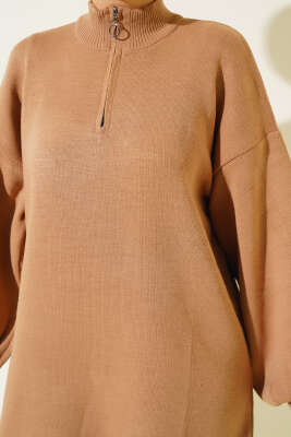 Yaka Fermuarlı Balon Kol Triko Tunik Büsküvi - Thumbnail