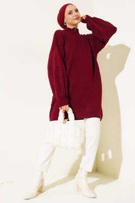 Yaka Fermuarlı Balon Kol Triko Tunik Bordo - Thumbnail