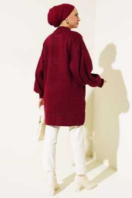 Yaka Fermuarlı Balon Kol Triko Tunik Bordo - Thumbnail