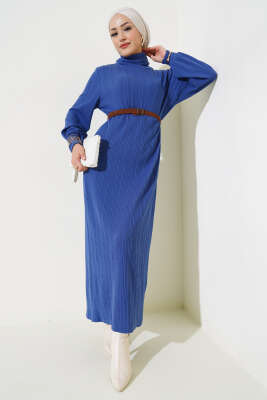 Pazarium - Kemerli Balıkçı Yaka Elbise İndigo