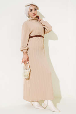 Pazarium - Kemerli Balıkçı Yaka Elbise Bisküvi