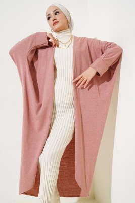 Duble Yarasa Kol Uzun Hırka Pudra - Thumbnail