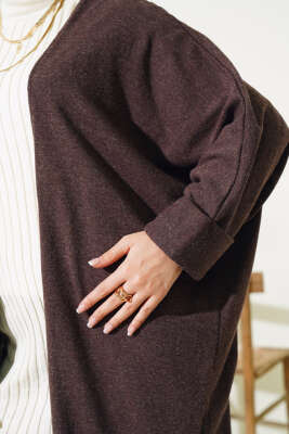 Duble Yarasa Kol Uzun Hırka Kahve - Thumbnail