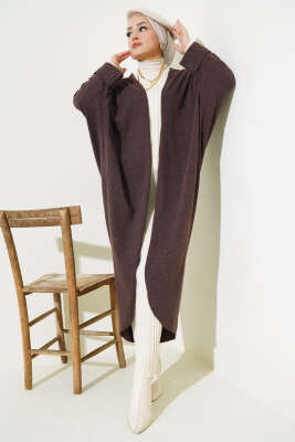 Duble Yarasa Kol Uzun Hırka Kahve - Thumbnail