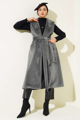 Goldfox Kuşaklı Uzun Yelek Gri - Thumbnail