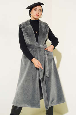 Goldfox Kuşaklı Uzun Yelek Gri - Thumbnail