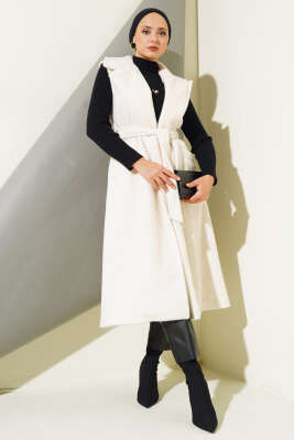 Goldfox Kuşaklı Uzun Yelek Ekru - Thumbnail