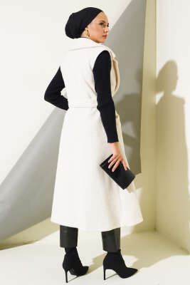 Goldfox Kuşaklı Uzun Yelek Ekru - Thumbnail