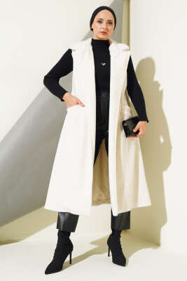 Goldfox Kuşaklı Uzun Yelek Ekru - Thumbnail