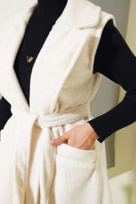 Goldfox Kuşaklı Uzun Yelek Ekru - Thumbnail