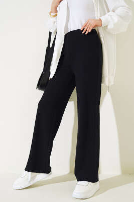 Bel Pensli Bol Paça Pantolon Siyah - Thumbnail