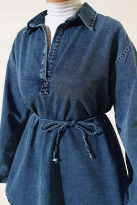 Gömlek Yaka Kot Tunik Kot Mavisi - Thumbnail