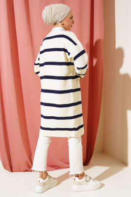 Çizgili Fitilli Salaş Triko Hırka Bej Lacivert - Thumbnail