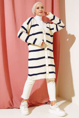 Çizgili Fitilli Salaş Triko Hırka Bej Lacivert - Thumbnail