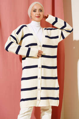 Çizgili Fitilli Salaş Triko Hırka Bej Lacivert - Thumbnail