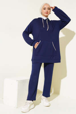 Loyşa Şerit Detay Kapüşonlu Tunik Takım Lacivert - Thumbnail