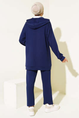 Loyşa Şerit Detay Kapüşonlu Tunik Takım Lacivert - Thumbnail