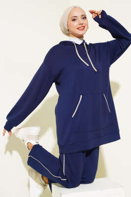 Loyşa Şerit Detay Kapüşonlu Tunik Takım Lacivert - Thumbnail