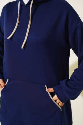 Loyşa Şerit Detay Kapüşonlu Tunik Takım Lacivert - Thumbnail