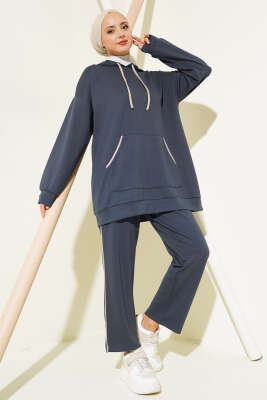 Loyşa Şerit Detay Kapüşonlu Tunik Takım Füme - Thumbnail