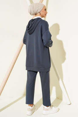 Loyşa Şerit Detay Kapüşonlu Tunik Takım Füme - Thumbnail