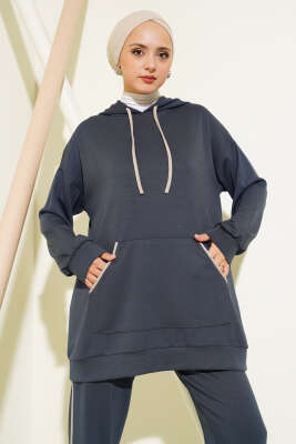 Loyşa Şerit Detay Kapüşonlu Tunik Takım Füme - Thumbnail