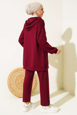 Loyşa Şerit Detay Kapüşonlu Tunik Takım Bordo - Thumbnail