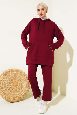 Loyşa Şerit Detay Kapüşonlu Tunik Takım Bordo - Thumbnail