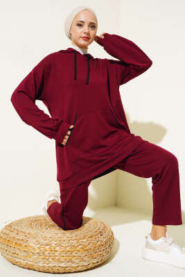 Loyşa Şerit Detay Kapüşonlu Tunik Takım Bordo - Thumbnail