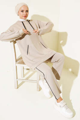 Loyşa Şerit Detay Kapüşonlu Tunik Takım Bej - Thumbnail