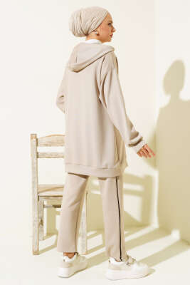 Loyşa Şerit Detay Kapüşonlu Tunik Takım Bej - Thumbnail