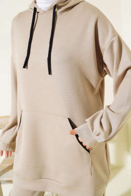 Loyşa Şerit Detay Kapüşonlu Tunik Takım Bej - Thumbnail