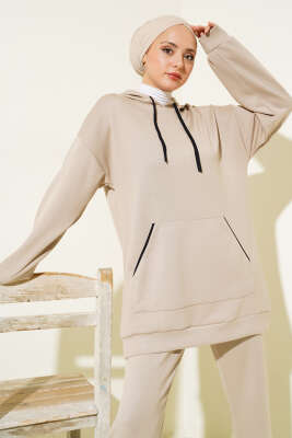 Loyşa Şerit Detay Kapüşonlu Tunik Takım Bej - Thumbnail