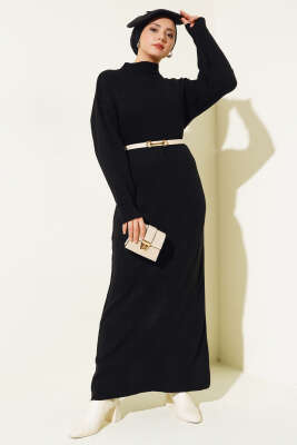 Fitilli Düz Pike Elbise Siyah - Thumbnail