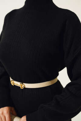 Fitilli Düz Pike Elbise Siyah - Thumbnail