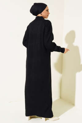 Fitilli Düz Pike Elbise Siyah - Thumbnail