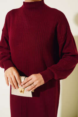 Fitilli Düz Pike Elbise Bordo - Thumbnail