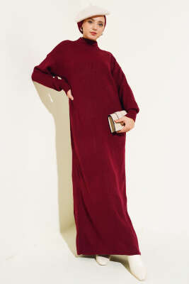 Fitilli Düz Pike Elbise Bordo - Thumbnail