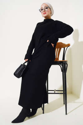 Selanik Örgü Etekli Salaş Triko Takım Siyah - Thumbnail