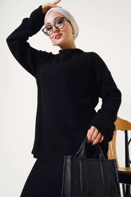 Selanik Örgü Etekli Salaş Triko Takım Siyah - Thumbnail