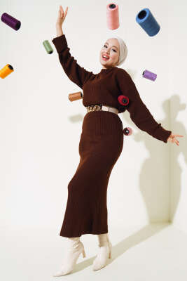 Selanik Örgü Etekli Salaş Triko Takım Kahve - Thumbnail