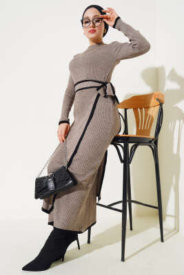 Etek Bağlamalı Triko Elbise Vizon - Thumbnail