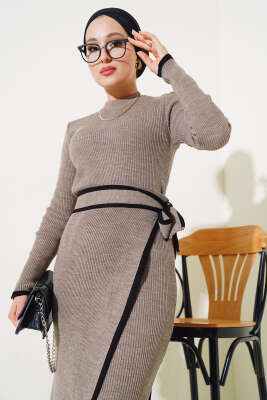 Etek Bağlamalı Triko Elbise Vizon - Thumbnail